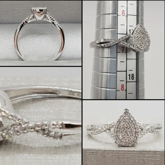10k Solid White Gold Genuine Diamond Pave Pear Twist Ring - Picture 2 of 3